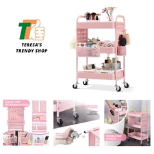 3-Tier Rolling Cart, Metal Utility Storage Cart with DIY Pegboards, Art Craft...