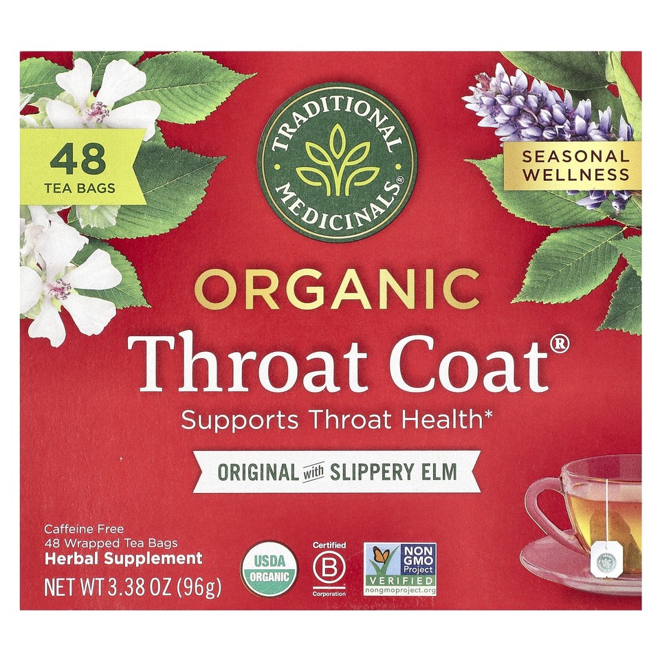 Organic Throat Coat®, Original with Slippery Elm, Caffeine Free, 48 Wrapped Tea