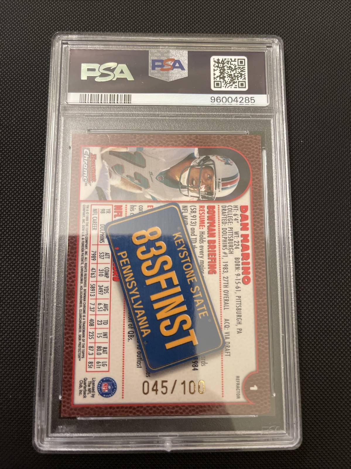 1999 DAN MARINO Bowman Chrome Interstate Refractor #1 #/100 Dolphins PSA 6 view 2