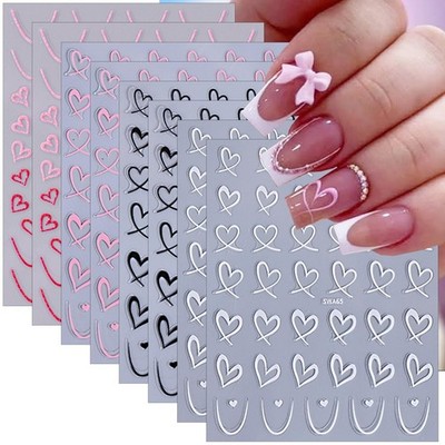 8 Sheets Heart Nail Stickers for Nail Art 3D Self-Adhesive Black White Pink R...