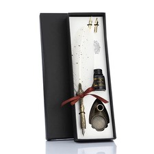 Deluxe Gift Boxed Retro Feather Calligraphy Dip Quill Pen Set - White with Go...