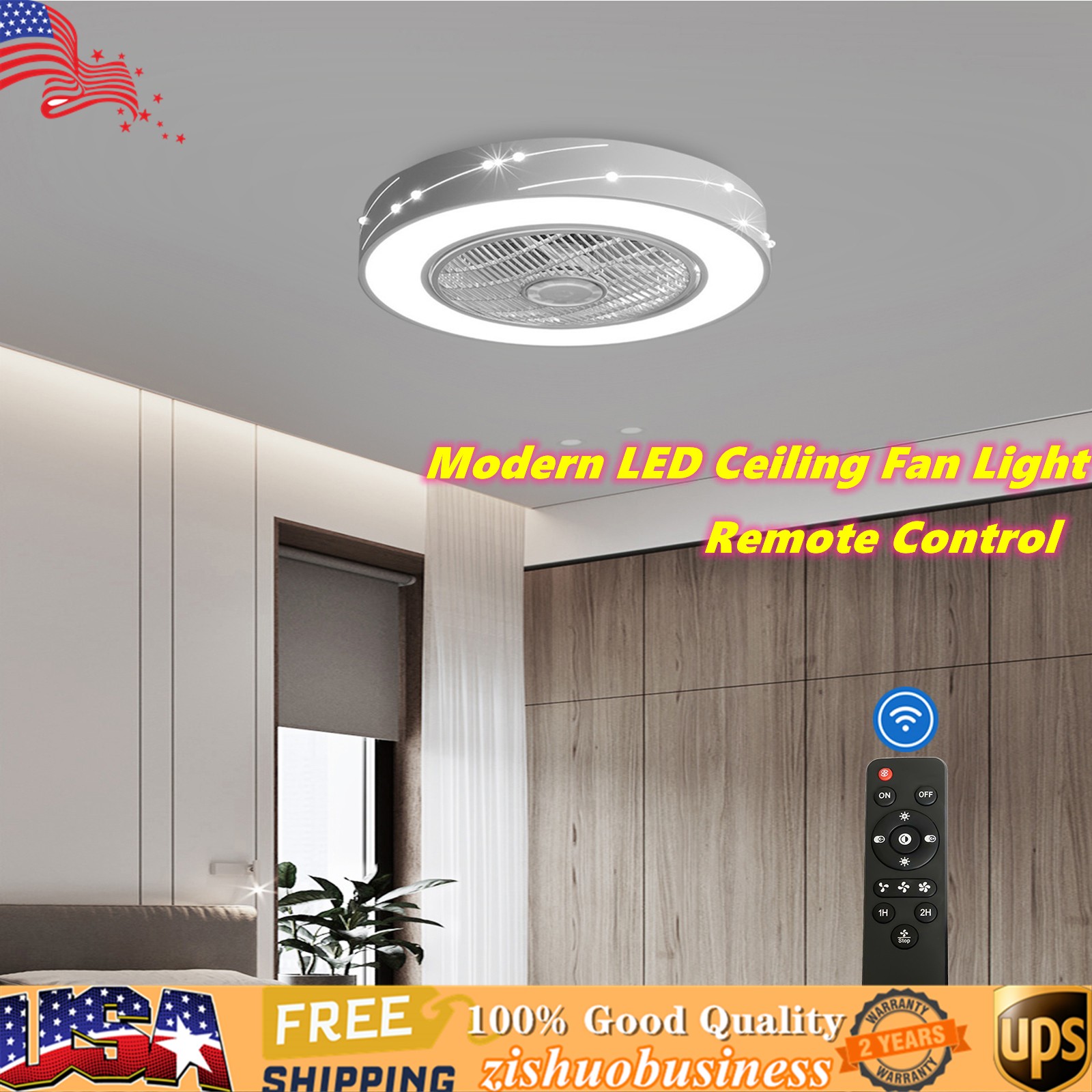 Modern LED Ceiling Fan Light Dimmbale Invisible Blades 3 Wind Speeds Fan Lamp