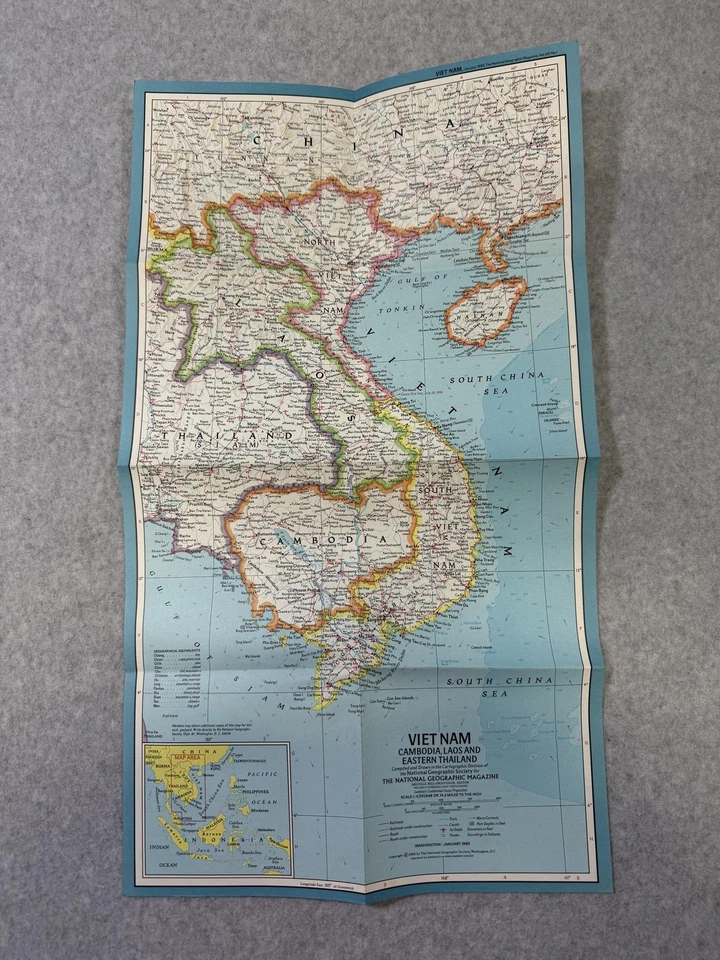 Винтажная раскладная карта 1965 National Geographic Вьетнам Камбоджа Лаос Таиланд - Изображение 2 из 4