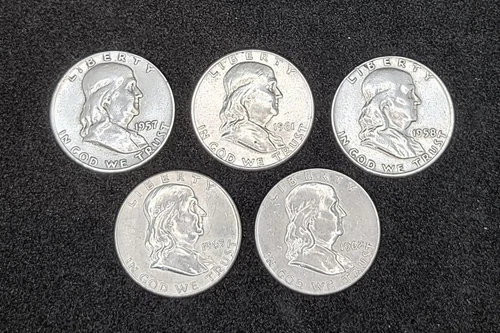 Franklin Silver Half Dollars F-VF Condition From Estate Collection of 5 Coins