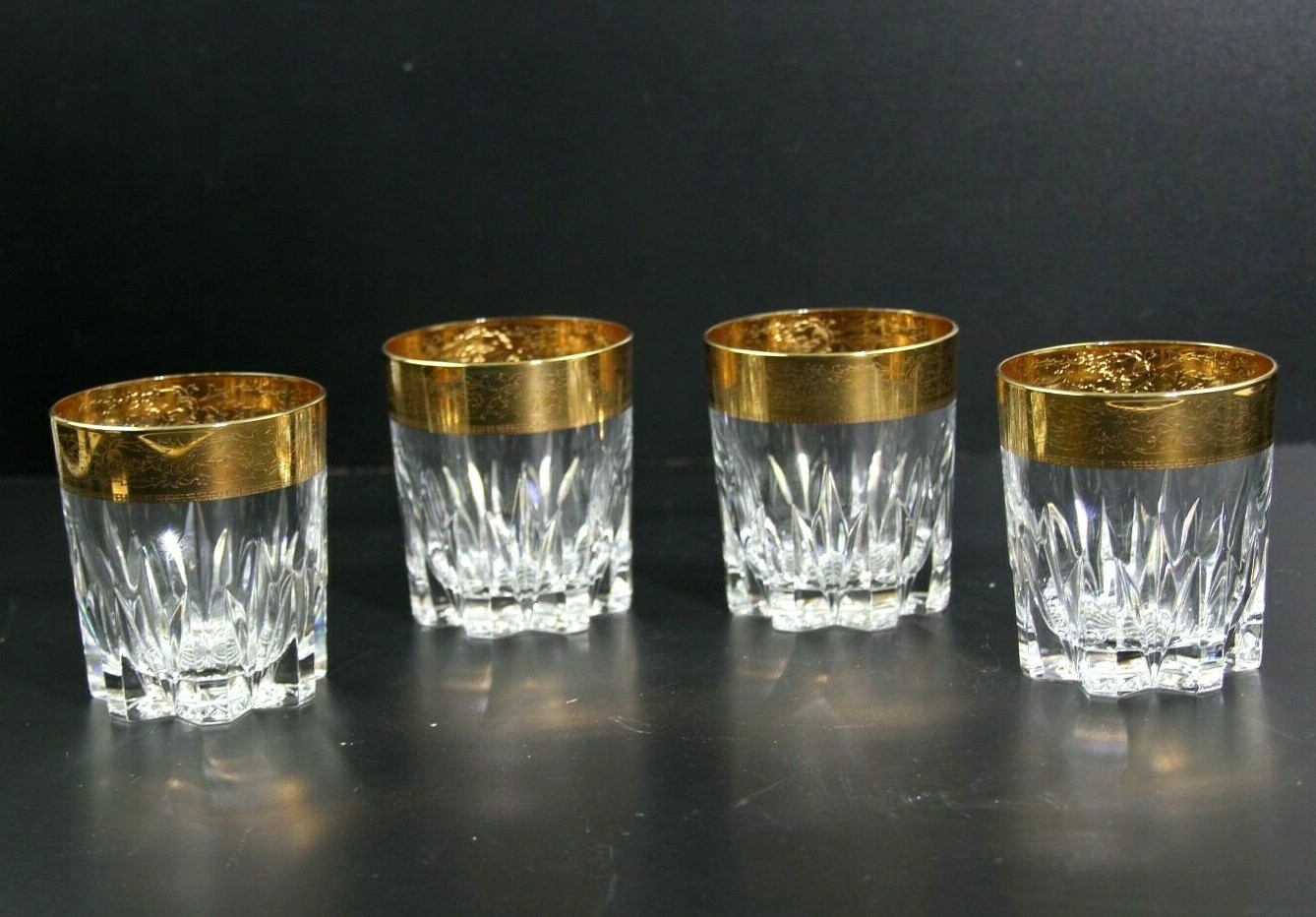 CRE ART ITALY 24 LEAD CRYSTAL 3.5" WHISKEY GLASSES 24KT GOLD TRIM (SET