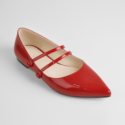 Women's Mary Jane Shoes Pointed Toe Ankle Strap Flat Patent Leather Pumps US6