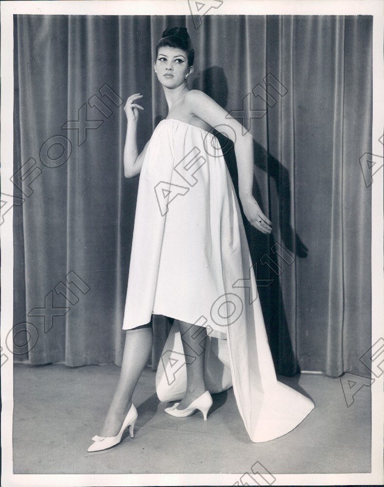 1958 London England Designer Frank Usher White Pique Evening Dress Press  Photo