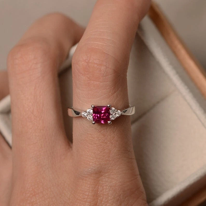 1.18 Ct Princess Cut Real Ruby & Diamond Engagement Ring 14K Solid White Gold - Image 4 of 4