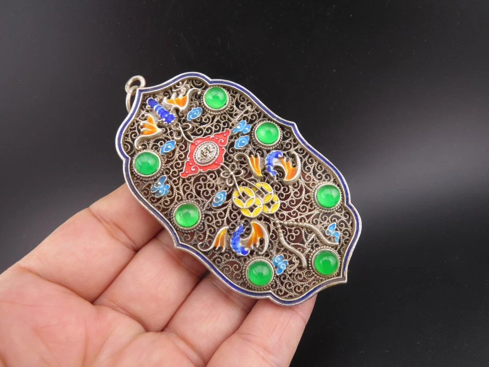 China, jade, plata pura, filigrana, incrustación de jadeíta, murciélago raro, colgante D425 Foto 2 de 4