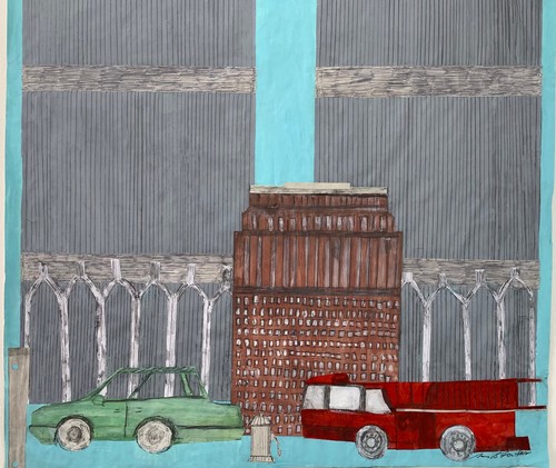Original Folk Art Painting Twin Towers Collage 24" x 40" - Picture 4 of 10