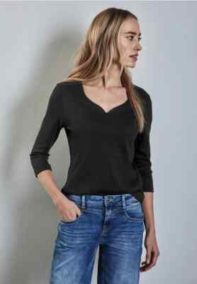STREET ONE 322581 HEART Shirt 3/4 Arm Herzausschnitt doppellagige Front schwarz
