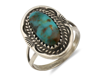 Navajo Ring .925 Silver Nevada Turquoise Signed Native Artist C.1980's