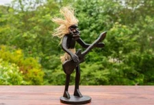 Wooden Hand Carved Primitive Tribal Guitarist Tiki Statue Bar Guitar Figurine -B