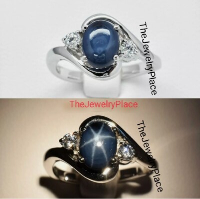 6x8mm Genuine Star Sapphire Ring Sterling Silver 925 Blue Lindy Star Ring