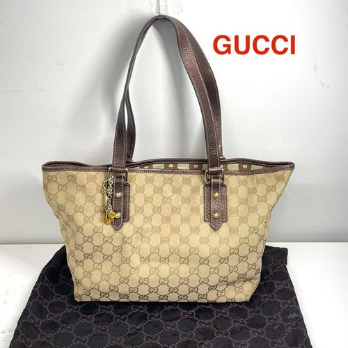 GUCCI GG Pattern Leather Canvas Tote Hand Bag Brown Beige Vintage Gold