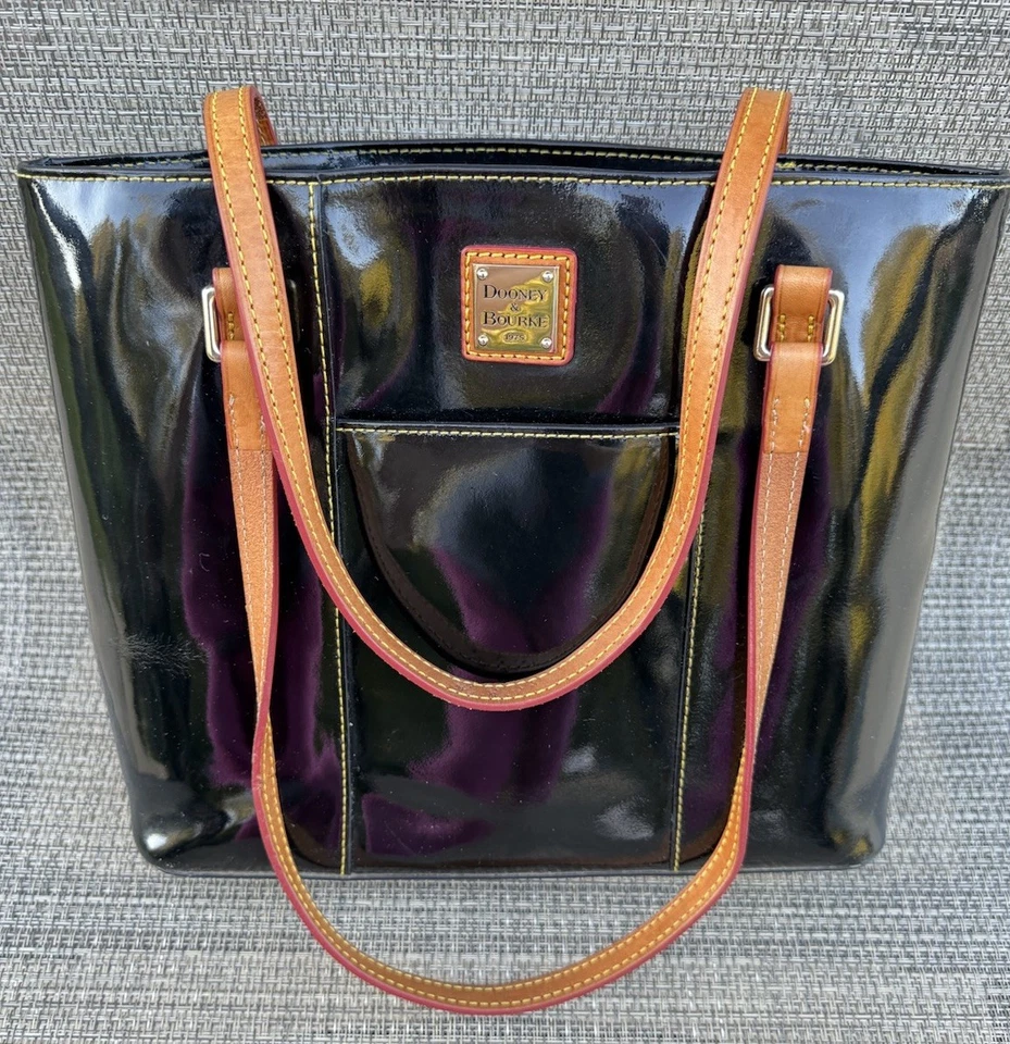 Bolso de Hombro Dooney & Bourke Lexington Negro Marrón Acento Elegante Charol Foto 2 de 4