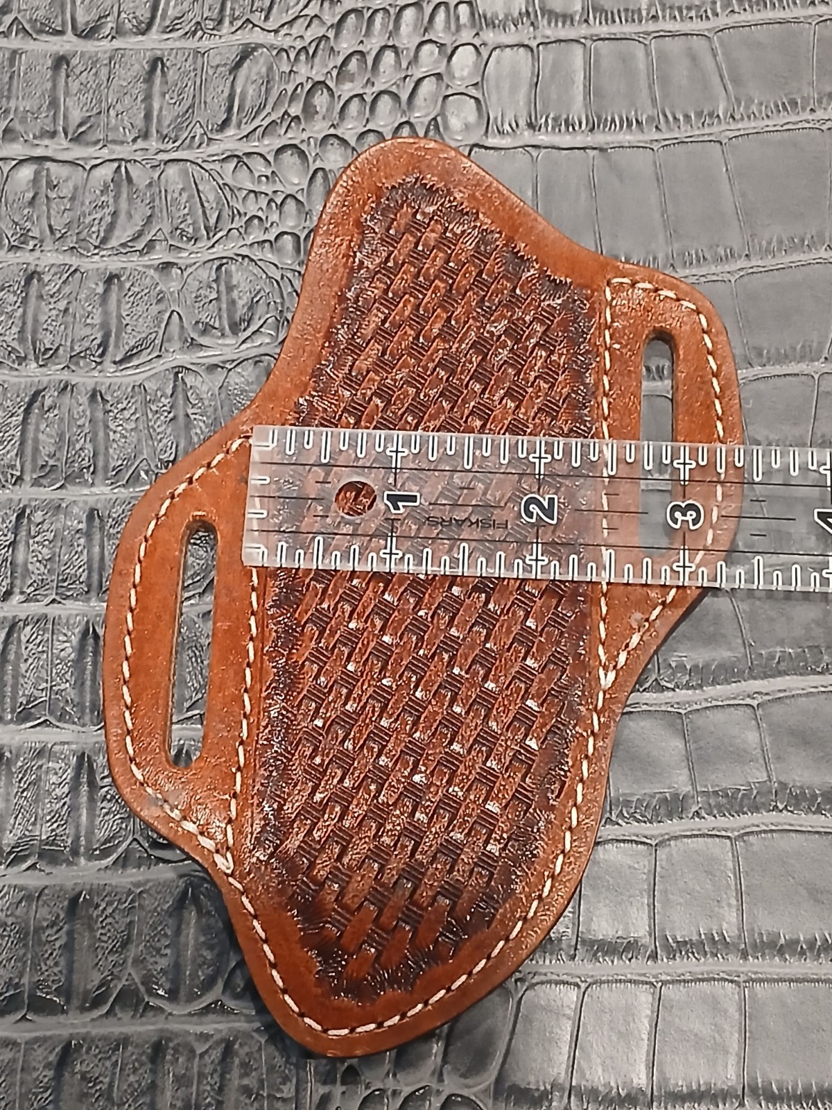Brown Open Top Belt Loop Basketweave 45° Fix Blade Knife Leather Sheath