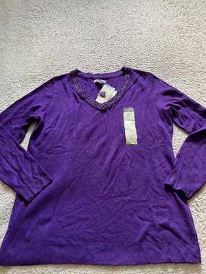 Laura Scott Women Beaded Long Sleeve V-Neck Pullover Sweater Purple Size L