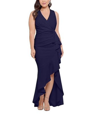 Betsy & Adam Plus Size Gown Cascading Ruffle Hi-Low  Ruched Navy Size 18W NWT