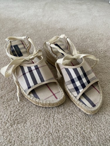 Burberry Beige Nova Check Canvas Strappy Espadrille Wedge Sandals Size 37 - Picture 2 of 7
