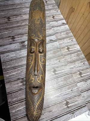Primitive Hand Crafted In Indonesia Wood Tiki Mask Wall Plaques 39.5  X 6 