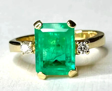 14k Yellow Gold Natural Emerald and Lab Grown Diamond Solitaire Engagement Ring