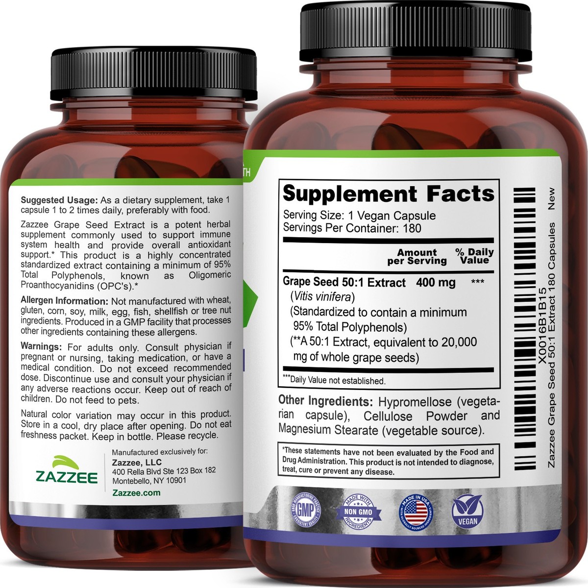 Zazzee Grape Seed Extract 180 Veggie Capsules 400 mg 95