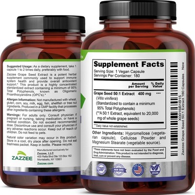 Zazzee Grape Seed Extract 180 Veggie Capsules 400 mg 95