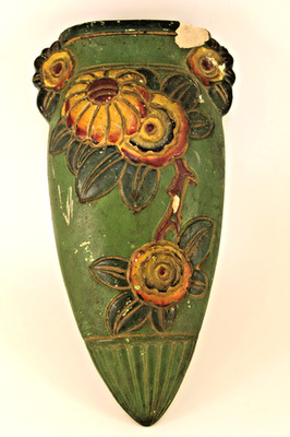 VTG Made In Japan Green Chalkware Wall Pocket Yellow Flowers 8'' Long Has Flaws