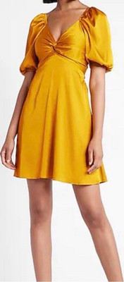 Express Yellow Satin Puff Sleeve Bow Back Short Dress V-Neck Size S