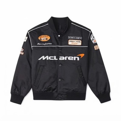 Mens McLaren Formula 1 Racing Jacket Black Satin Snap Front Varsity Streetwear