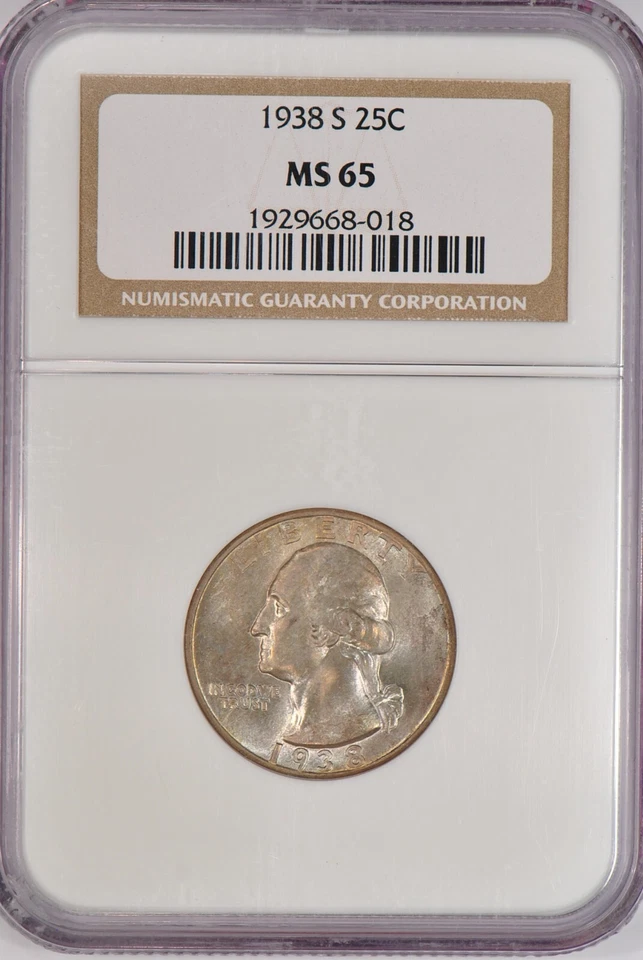 Moneda de plata antigua 1938 S Washington Quarter NGC MS 65 25C tono claro