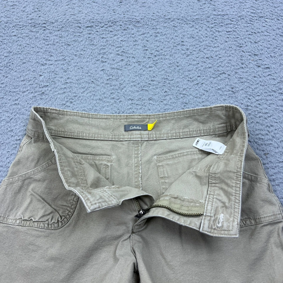 Shorts de caminhada Cabelas feminino bege bronzeado denim 5" tamanho 4 bolso retrô - Imagem 2 de 4