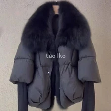 Womens Real Fox Fur Collar Down Puffer Jacket Short Coat Outwear Winter New S-XL