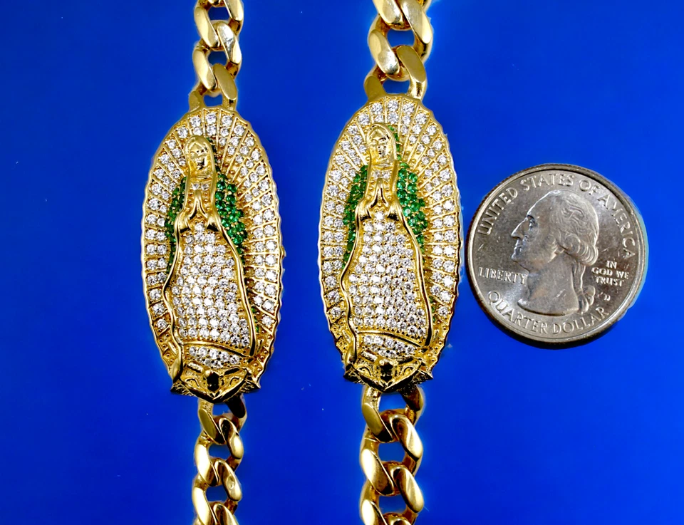 14K Yellow Gold SOLID Virgin Mary CZ Monaco Cuban Link Chain ID Bracelet Real - Image 3 of 4