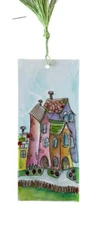 Bookmark Whimsy Houses Laminated Painting By Kenna 8cm X 20cm With Green Tassel