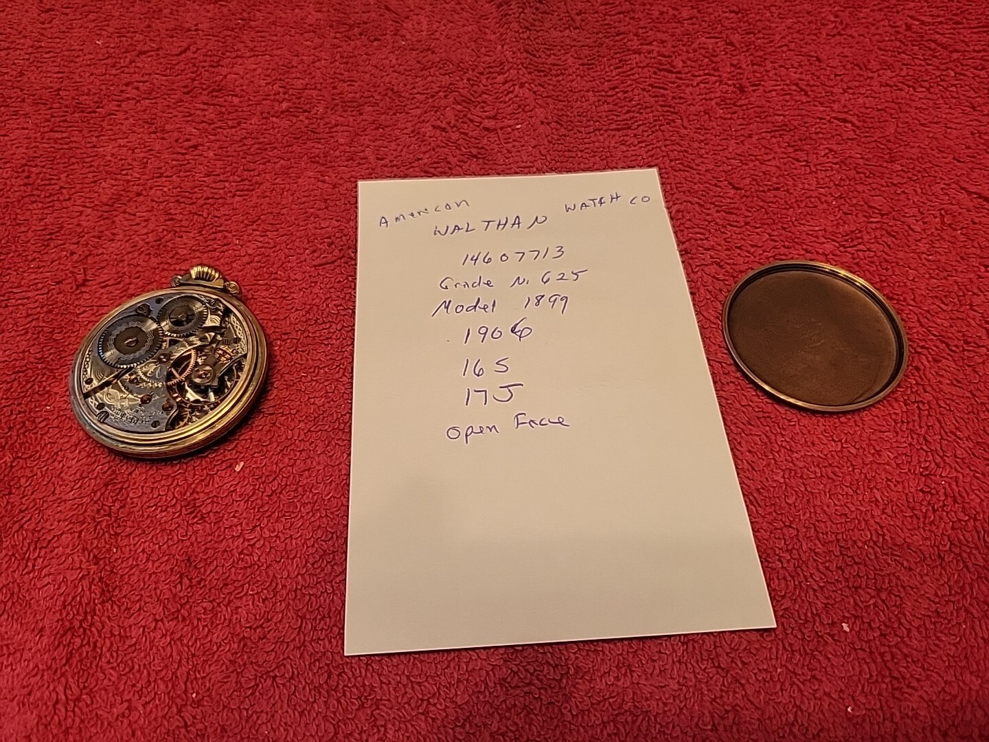 WALTHAM POCKET WATCH 14607713 MODEL 1899 16S 17J OPEN FACE 1906 GOLD