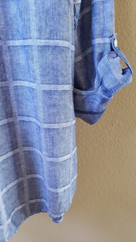 Chico's Sz 2 L Blue Check Linen Blend Vneck Long Adjust Sleeve Button Down Shirt - Picture 7 of 12