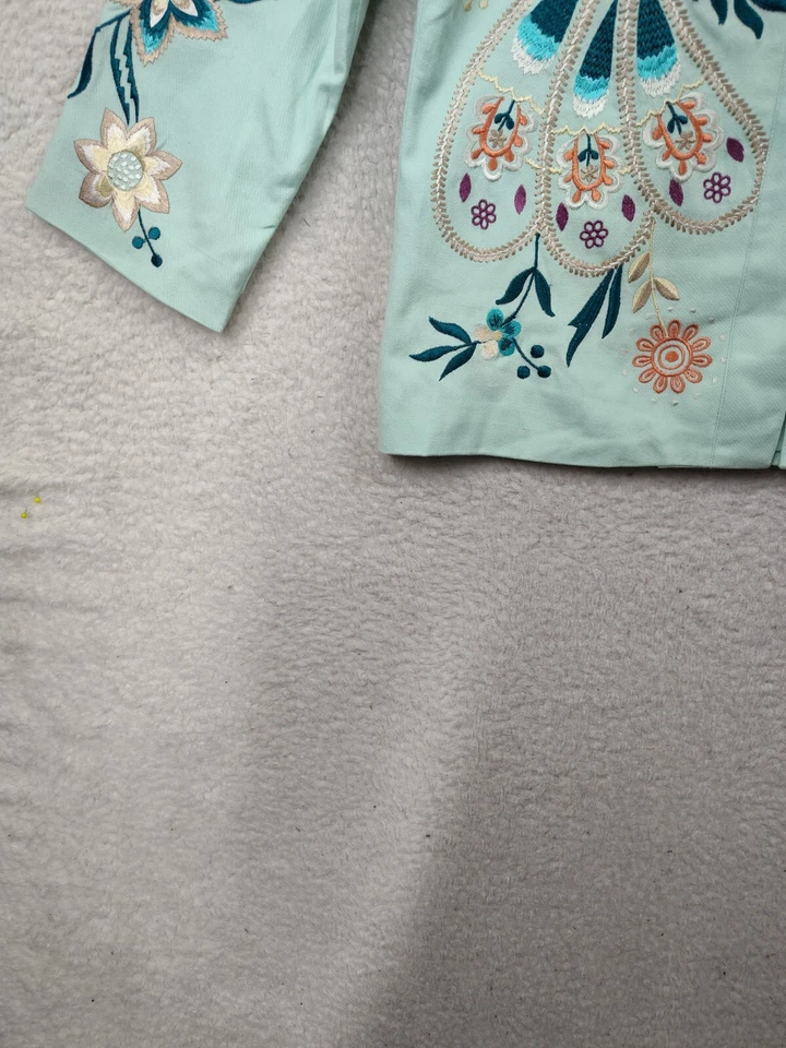 Chaqueta Mujer Indigo Moon Mediana Azul Tejida Bordada Sin Cuello Botón Frontal Foto 4 de 4