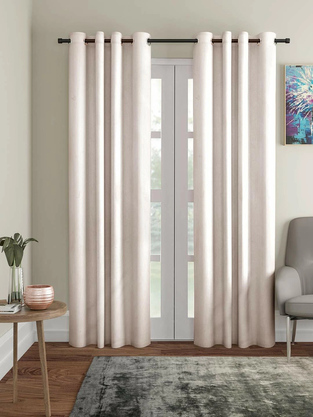 New 2 Piece Eyelet Polyester Door Curtain Set - 7 feet Cream