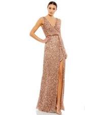 V-NECK HIGH SLIT SEQUINED WRAP GOWN NWT size 2 copper Mac Duggal $398 5539