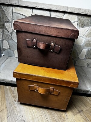 VINTAGE LEDER HANDGEFERTIGT LIFT TOP 27'' KOFFER X2 stapelbare Koffer