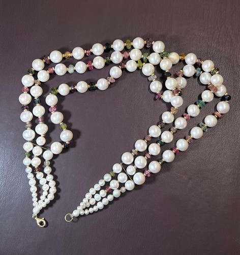 14K Yellow Gold Pearl and Natural Assorted Gemstone Triple Strand Bead Necklace - Picture 8 of 8