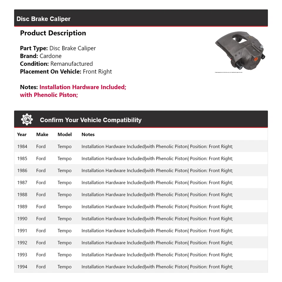 Pinza de freno de disco delantera derecha Cardone 1985 1986 1987 Ford Tempo 1984-1994 Foto 2 de 4