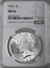 1923-P  $1 PEACE SILVER DOLLAR  "PHILADELPHIA MINT"  NGC MS62 #8678139-052