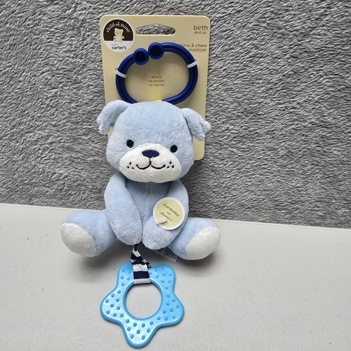 Carter's Rattle Teether Plush Dog Blue Soft Chime & Chew Shower Gift Baby Boy