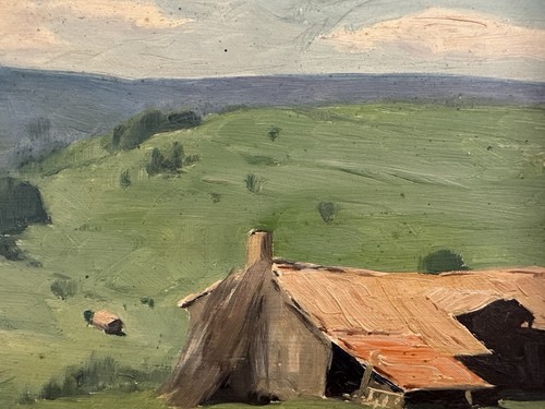 Ancienne huile sur panneau signée Maxime : paysage situé dans une forêt au dos - Foto 12 di 13