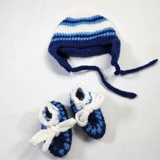 Knitted Baby Hat  Booties Set Blue White Stripes Newborn Soft  Warm Handmade A