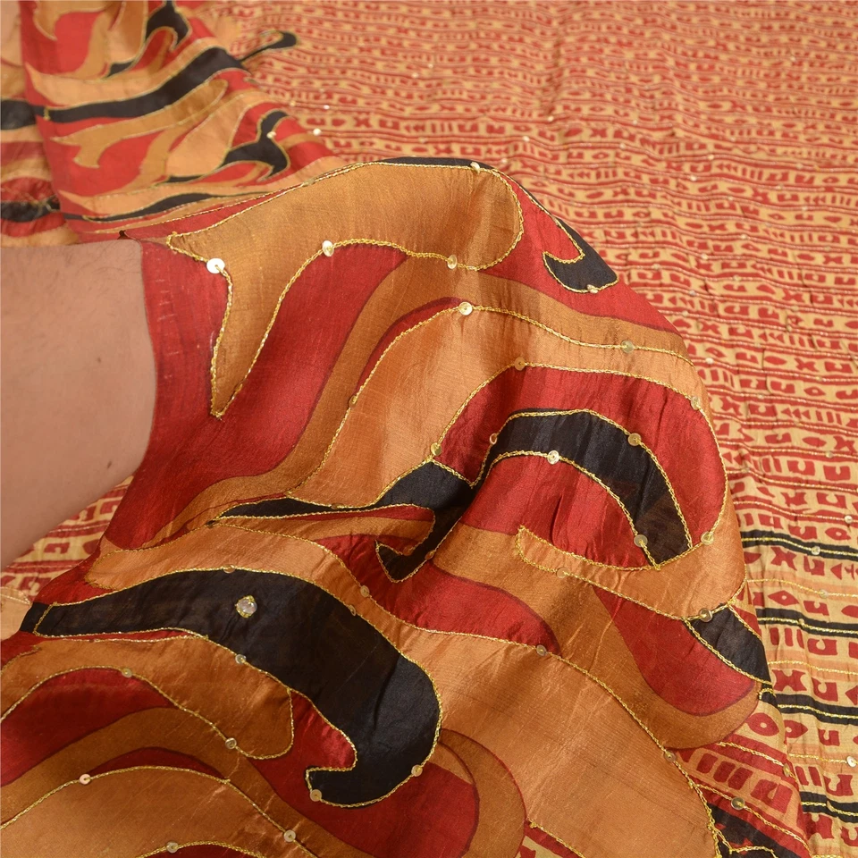 Saris de colección dorados y rojos de seda pura sánscriti sari 5+ yardas tela artesanal Foto 4 de 4
