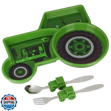 Funwares Green Tractor Engaging Kids' Dinnerware Set: Durable, Divided Plate,